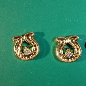 Gold Tone Horseshoe Earrings Crystal Irish Luck St Patricks day